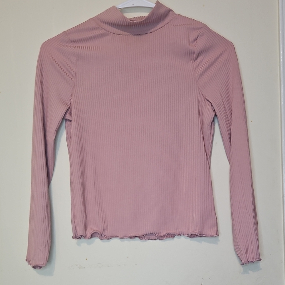 Women's Pink Ribbed Long Sleeve Top
